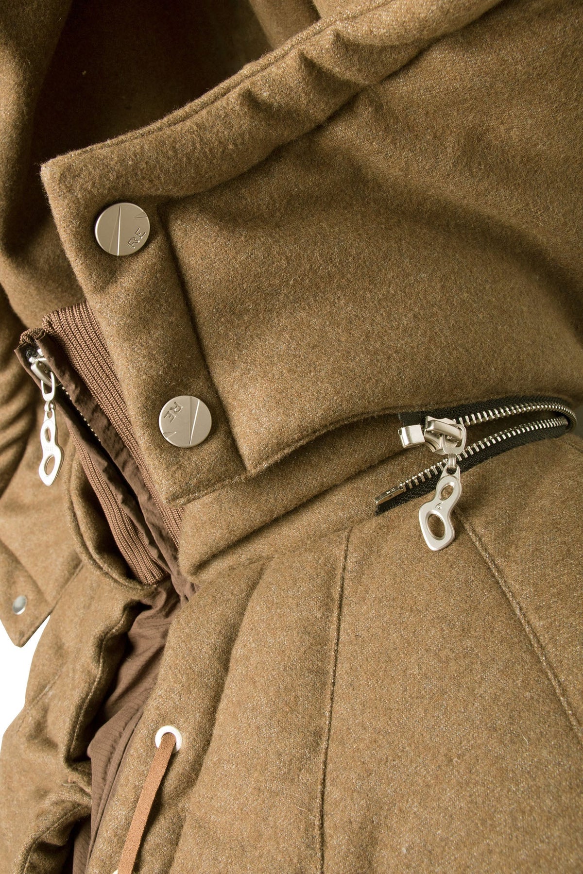 RELABEL Layered Detachable Hood Wool-Blend Puffer Jacket Brown