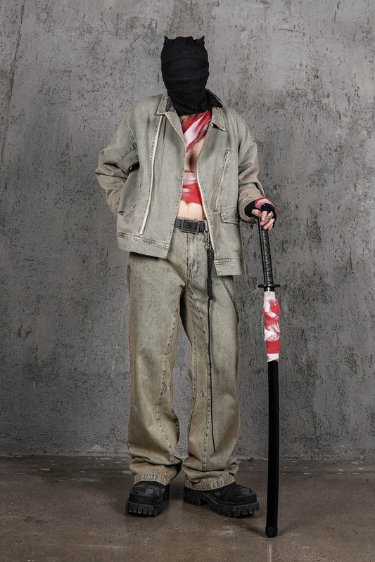 UNDERWATER Acid Wash Zipper Biker Jacket