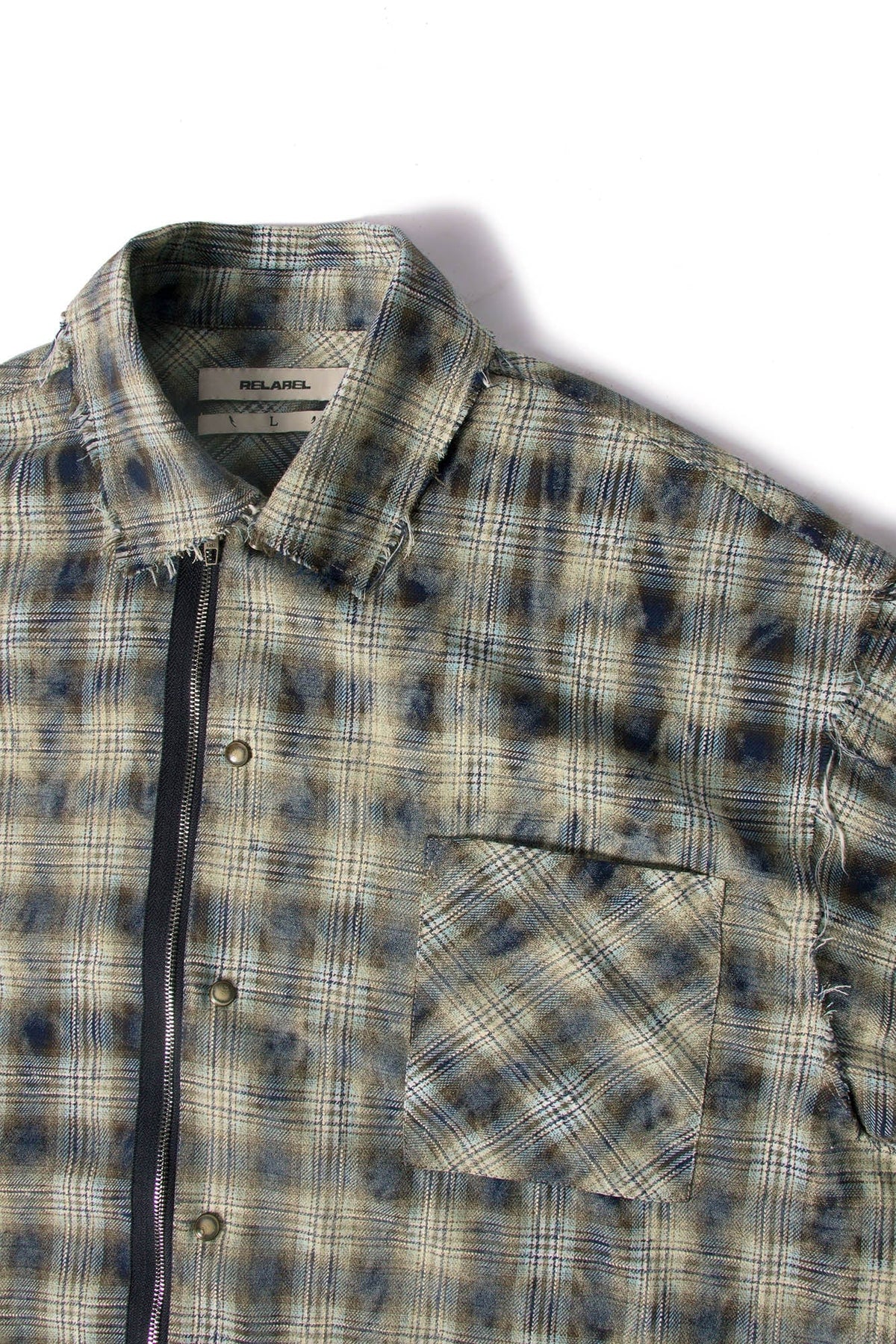 RELABEL Tie-dye Plaid Dual Closure Frayed Shirt