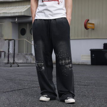 SAVAGEGROWTHWORLD Studded Plaid Panel Sweatpants
