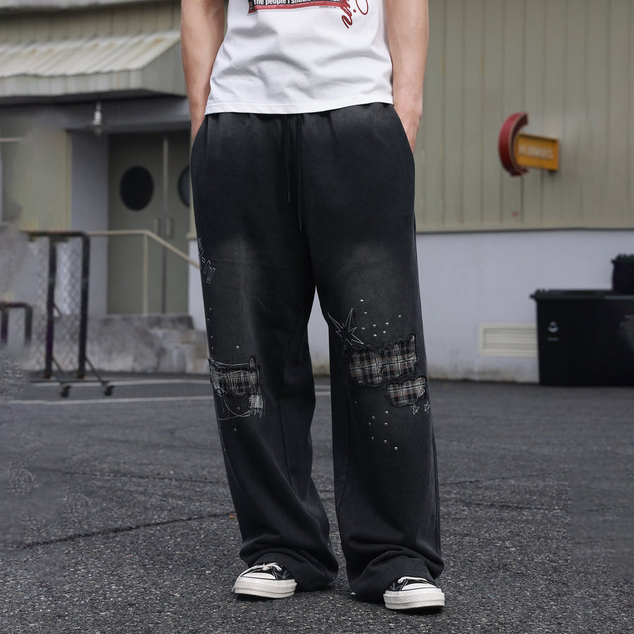 SAVAGEGROWTHWORLD Studded Plaid Panel Sweatpants