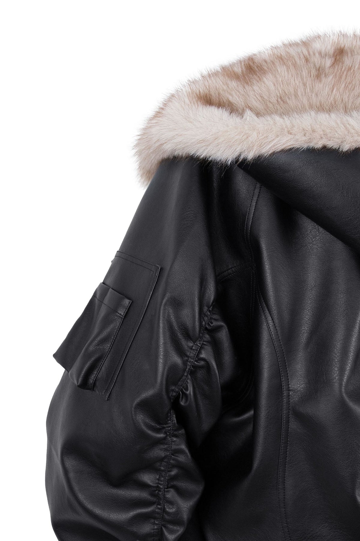 RELABEL Detachable Plush Scarf Ruched Hooded Jacket Black