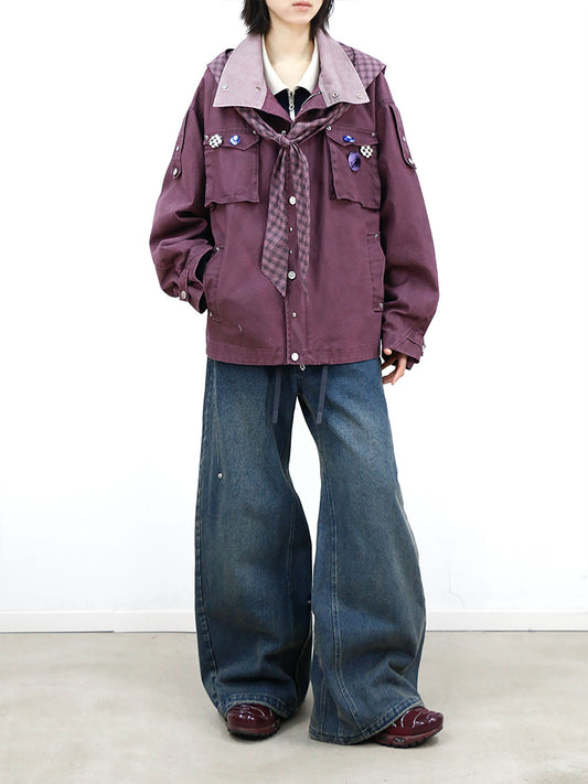 RELABEL Distressed Plaid Hood Oversized Jacket