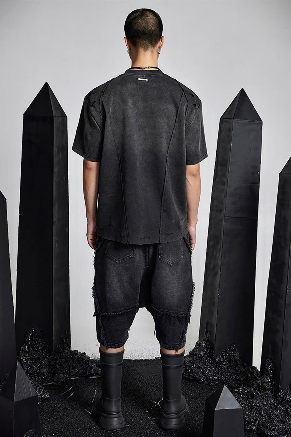 SSIN7 Washed Frayed Spliced Denim Shorts