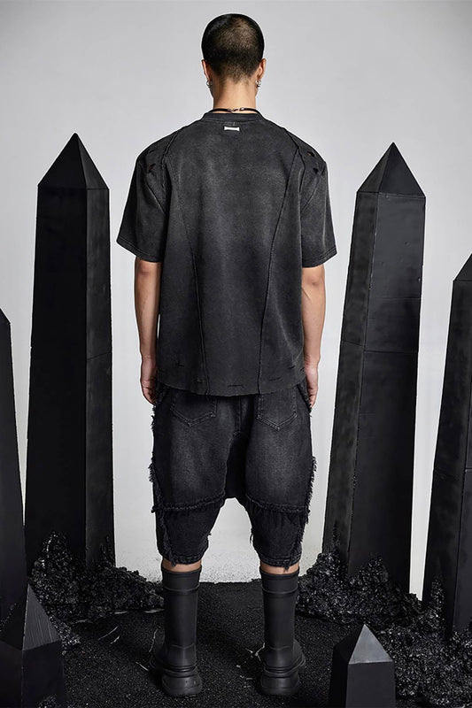 SSIN7 Washed Frayed Spliced Denim Shorts