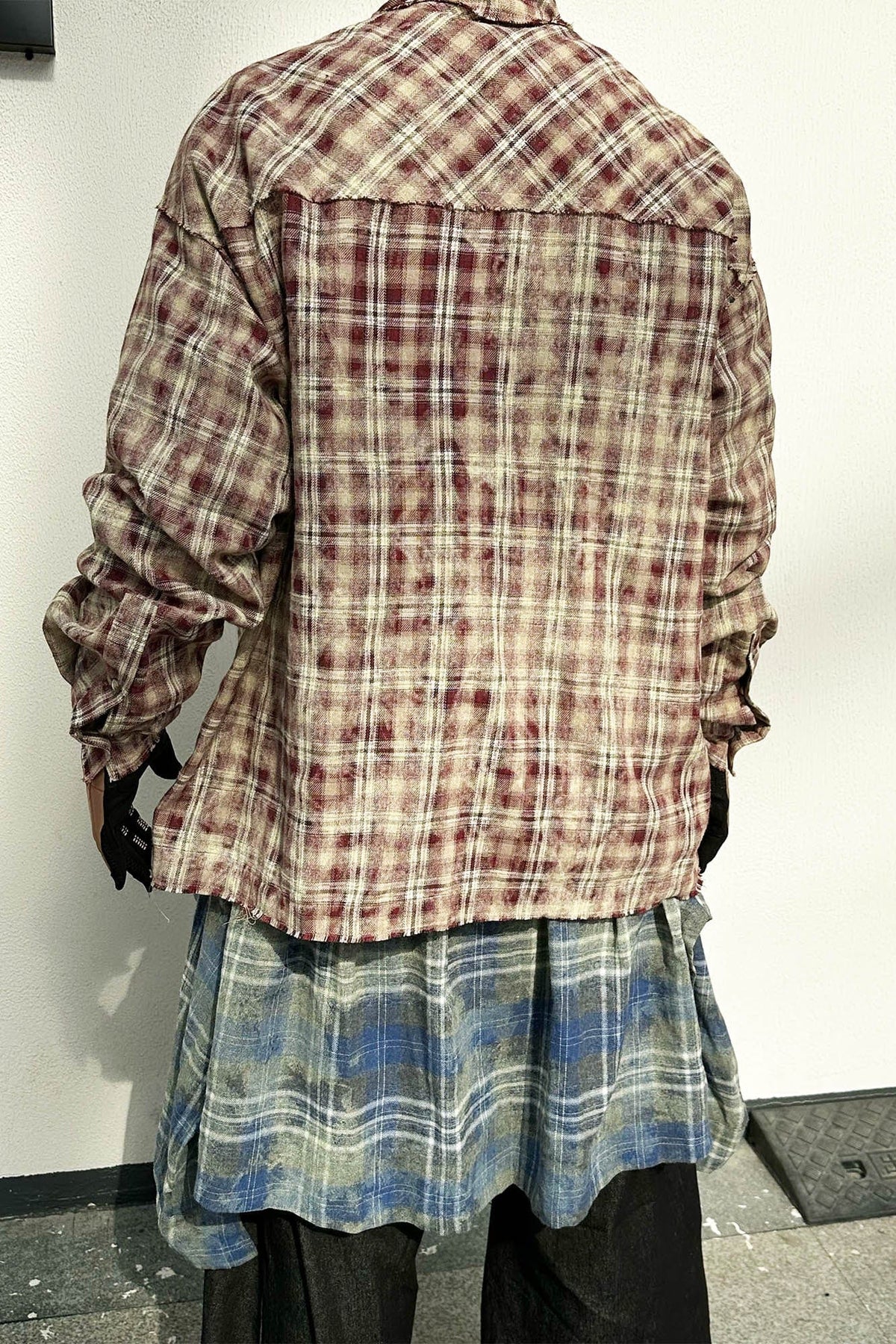 RELABEL Tie-dye Plaid Dual Closure Frayed Shirt