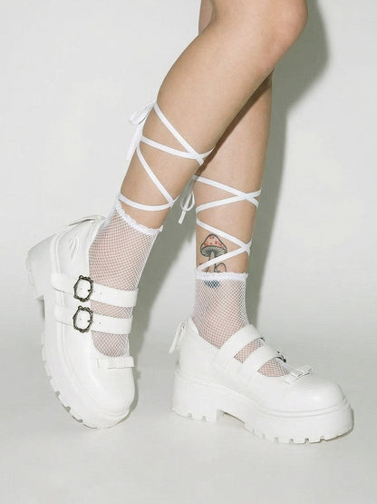White Bow Platform Mary Jane Shoes