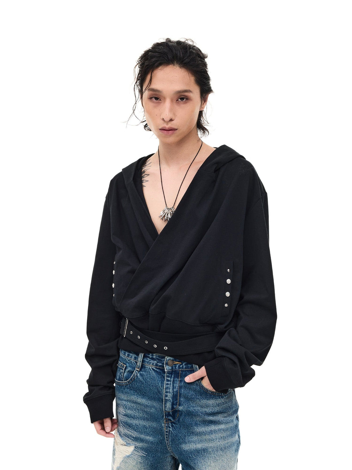 WHISTLEHUNTER Detachable-Belt Deep V-Cut Hardware Hoodie