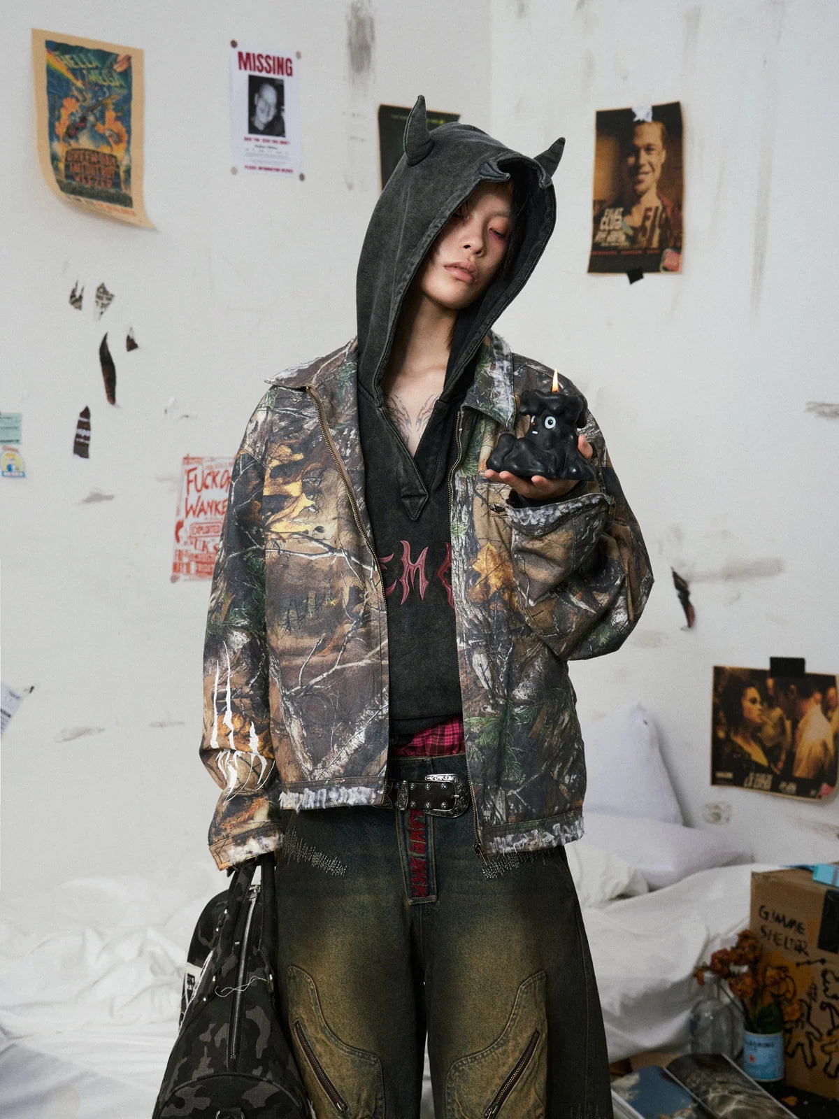 Camouflage Distressed Embroidered Jacket
