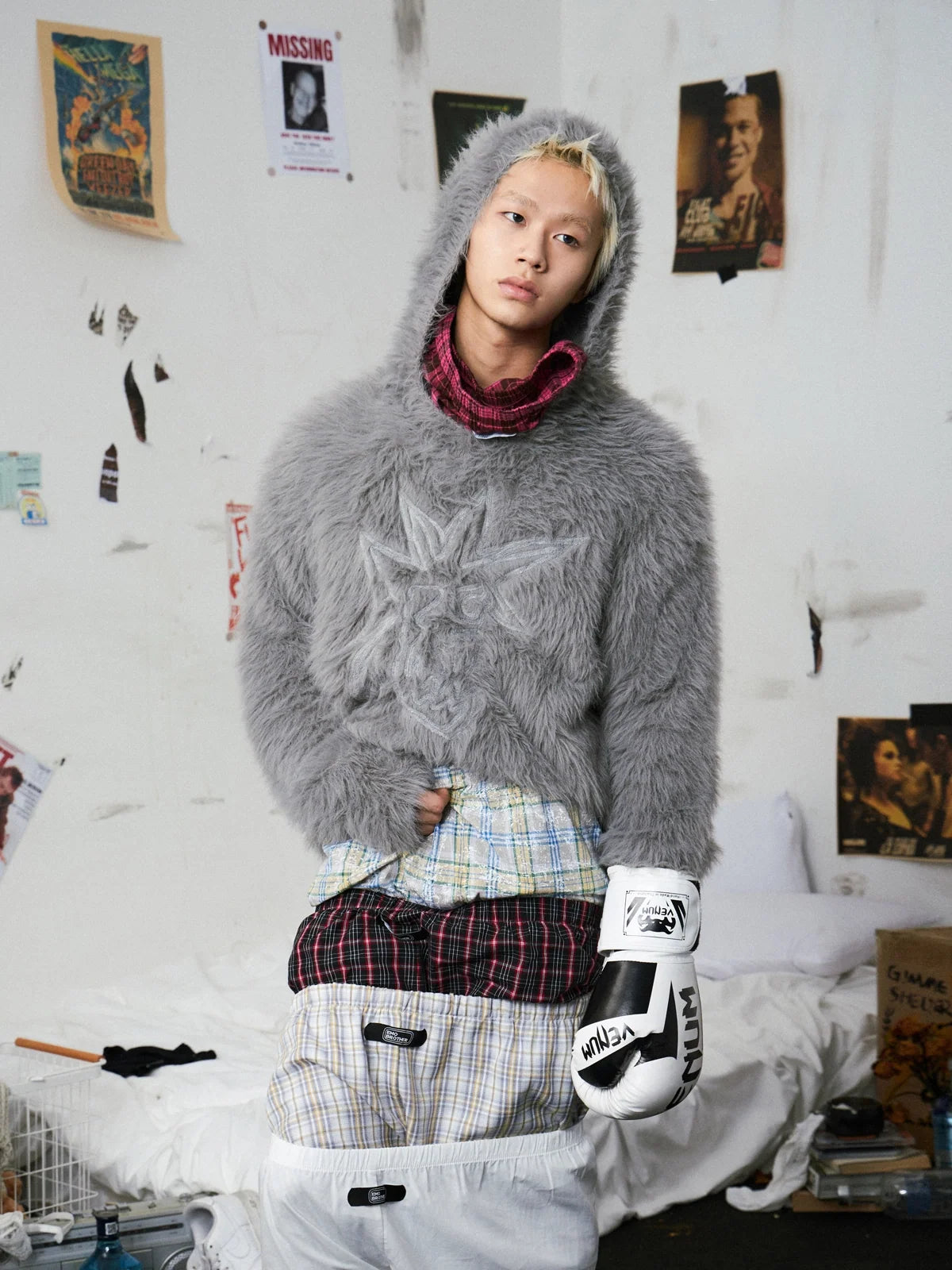 Fluffy Embroidered Hooded Knit Sweater