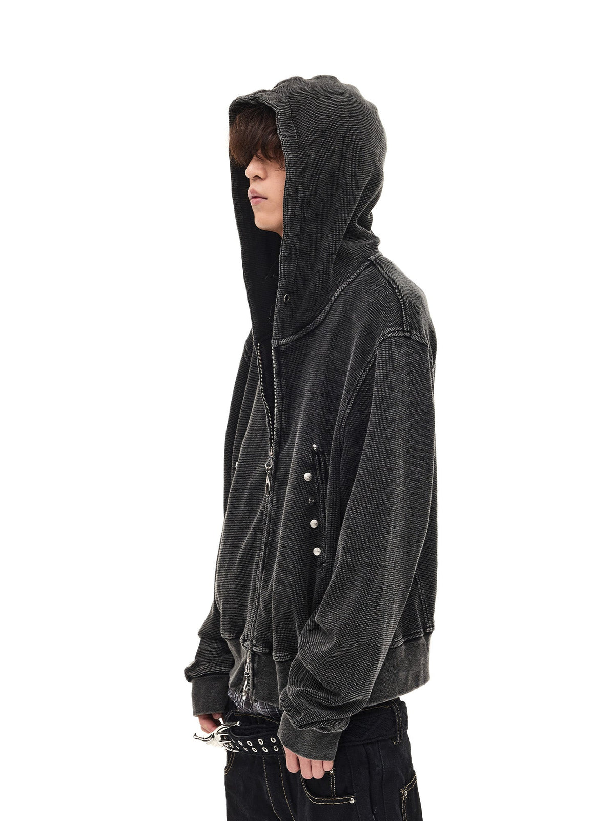 WHISTLEHUNTER Washed Waffle Studded Zip-Up Hoodie