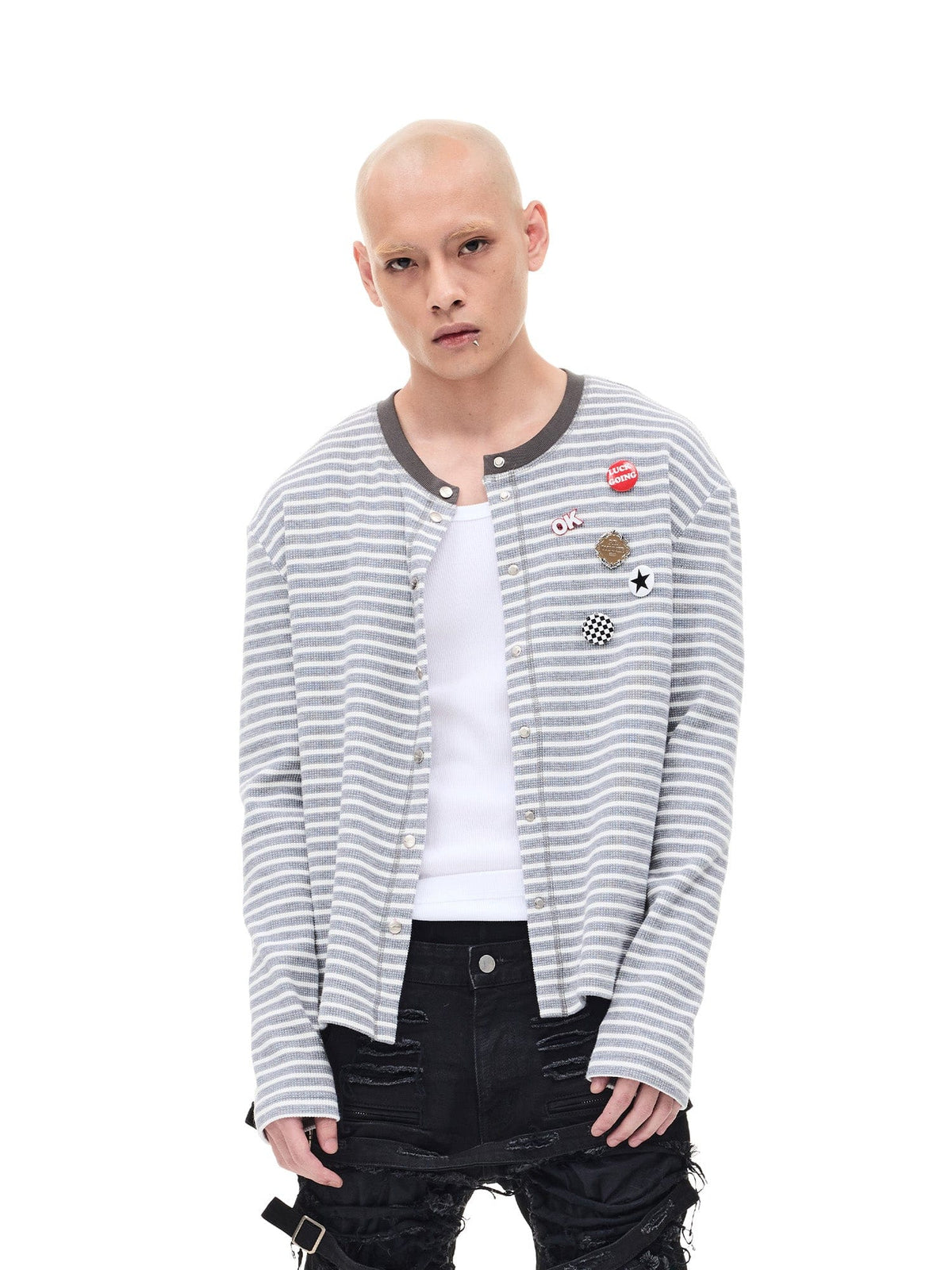 WHISTLEHUNTER Striped Badge Snap Slim Cardigan