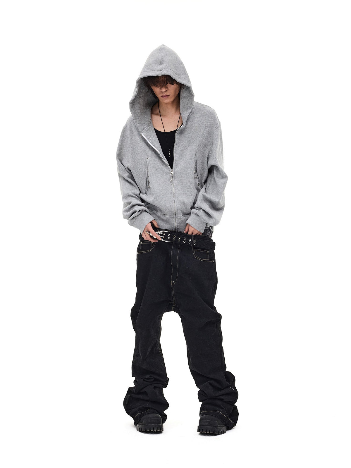 WHISTLEHUNTER Washed Waffle Studded Zip-Up Hoodie