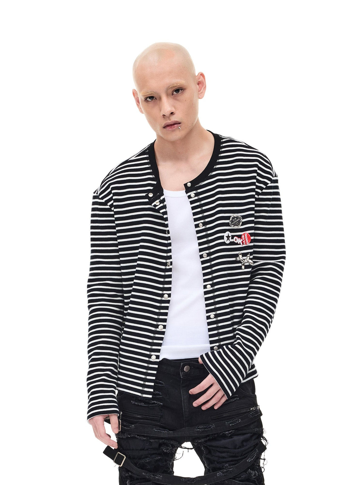 WHISTLEHUNTER Striped Badge Snap Slim Cardigan
