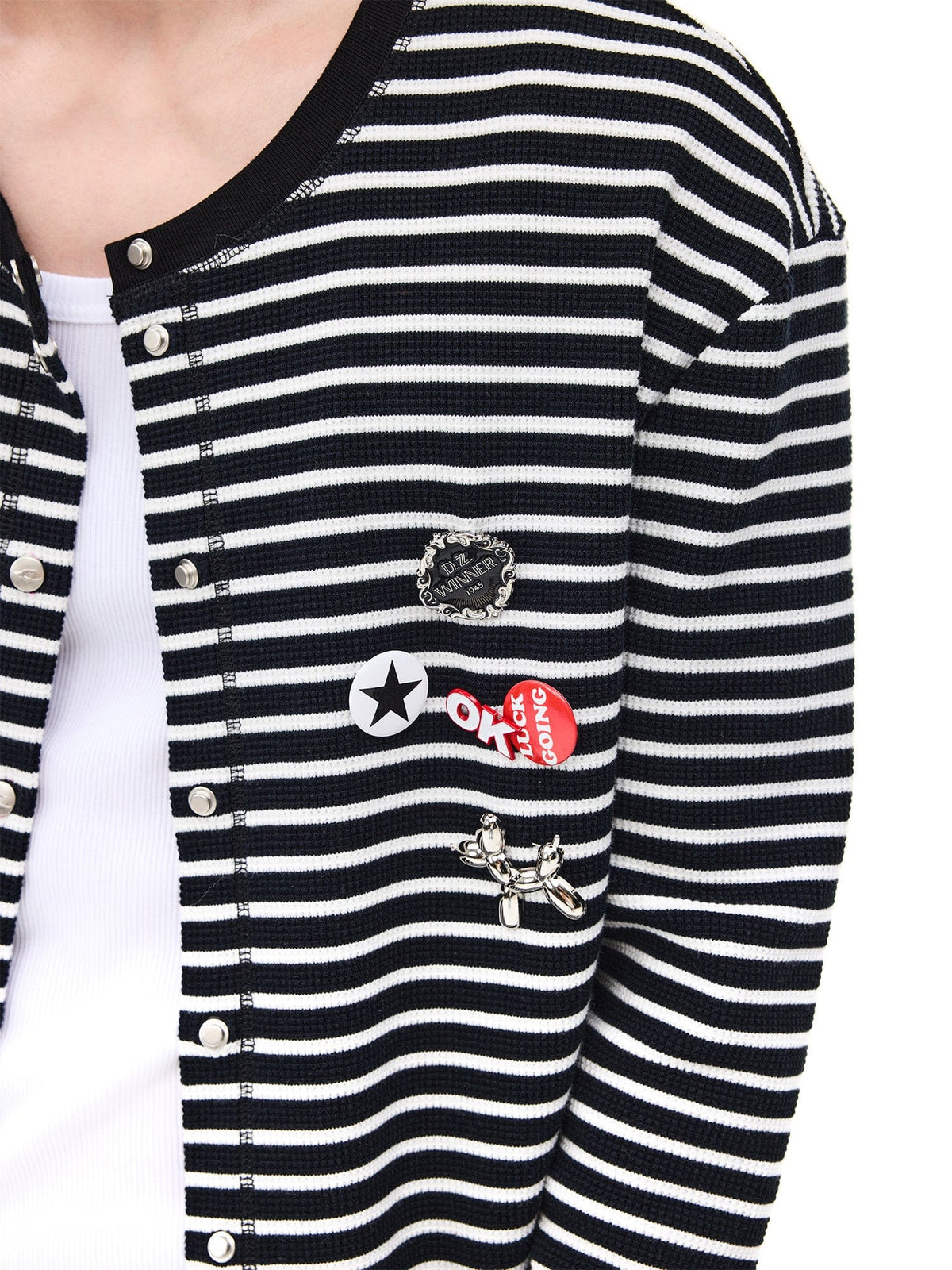 WHISTLEHUNTER Striped Badge Snap Slim Cardigan