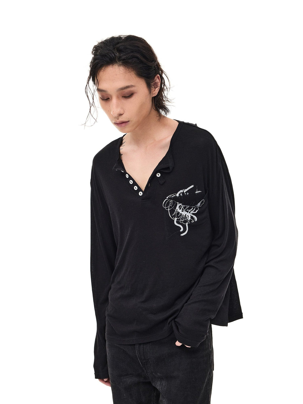 WHISTLEHUNTER Merino-Tencel Henley Graphic Long-Sleeve Tee