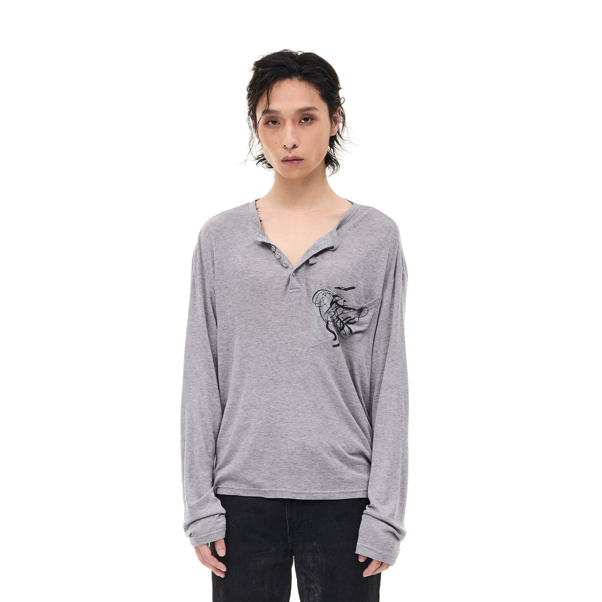 WHISTLEHUNTER Merino-Tencel Henley Graphic Long-Sleeve Tee