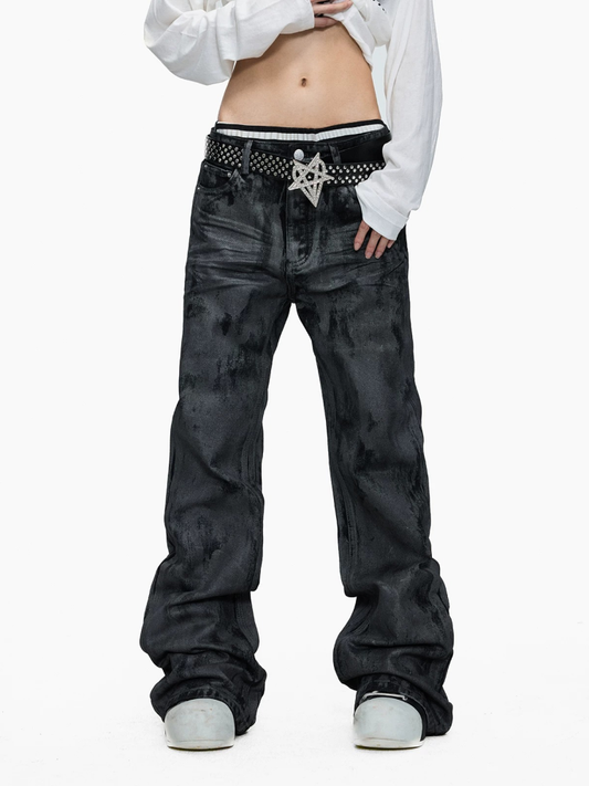 Hand-brushed Flared Washed Denim Jeans