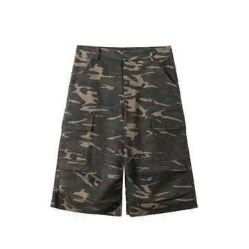 DONSMOKE Camo Multi-Pocket Raw-Edge Curved Shorts