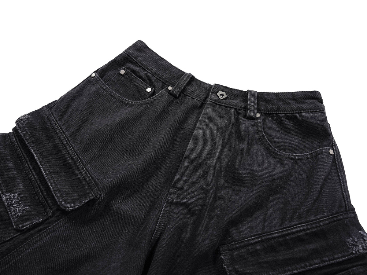 UNDERWATER Layered-Pocket Distressed Denim Shorts