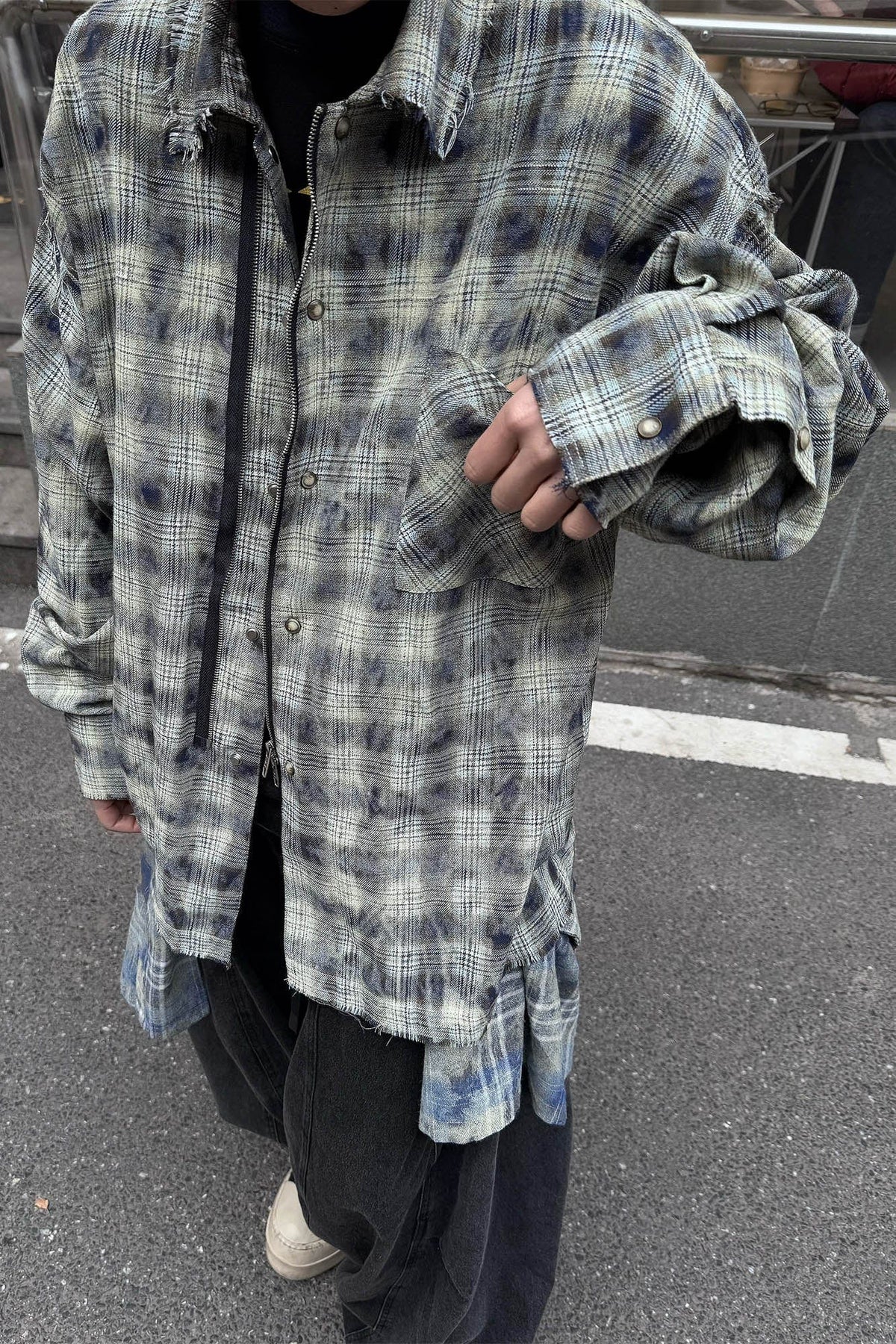 RELABEL Tie-dye Plaid Dual Closure Frayed Shirt