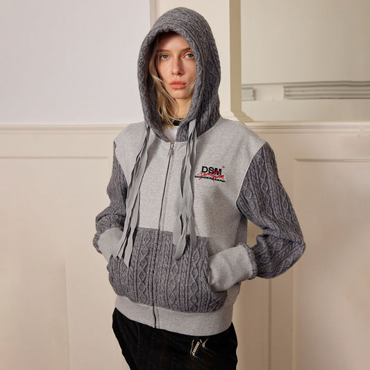 DONSMOKE Spliced Cable-Knit Zip-Up Hoodie