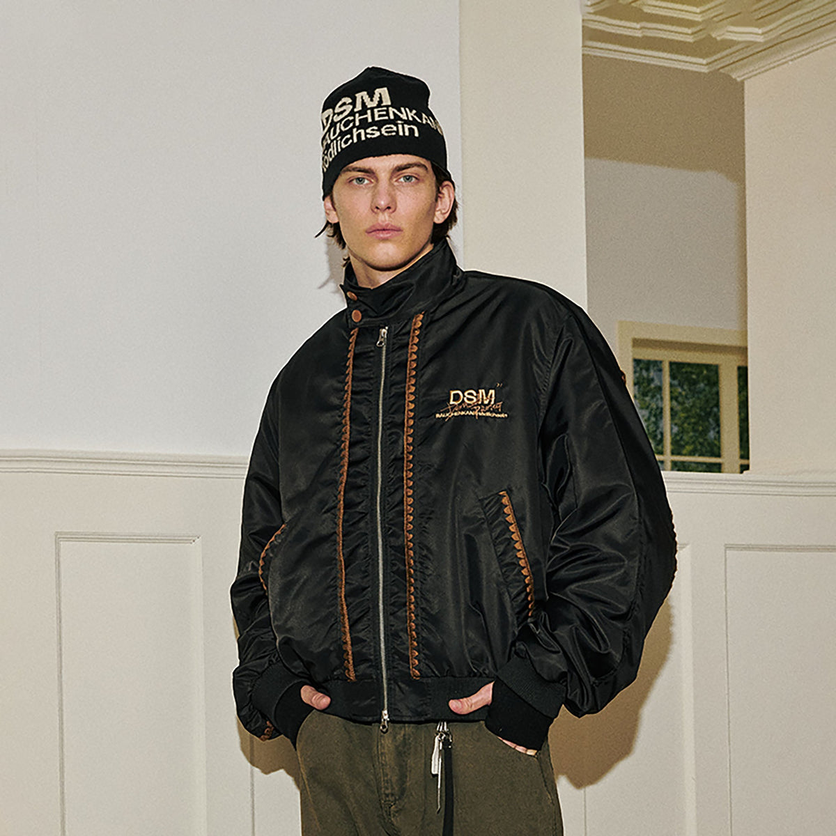 DONSMOKE Glossy Contrast Whipstitch Bomber Jacket