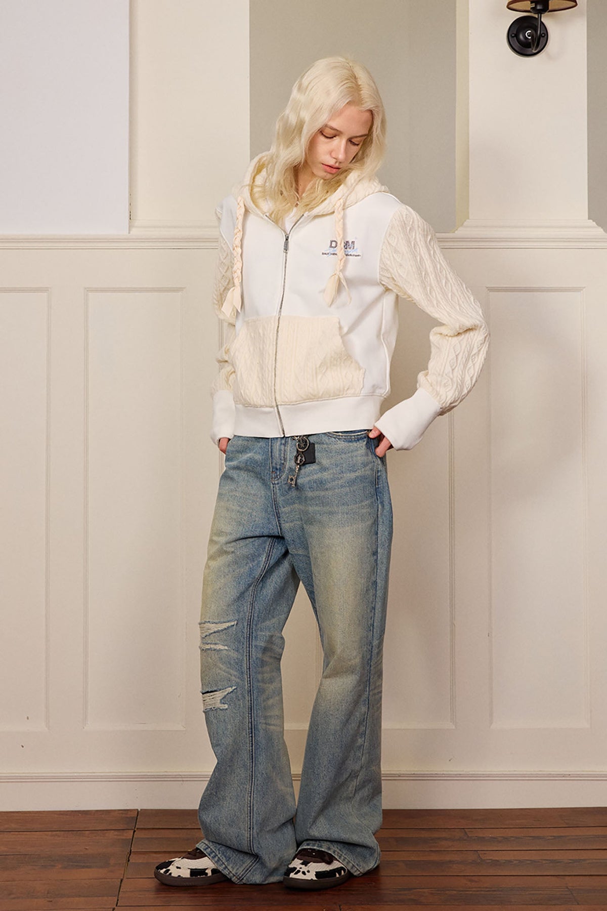 DONSMOKE Spliced Cable-Knit Zip-Up Hoodie