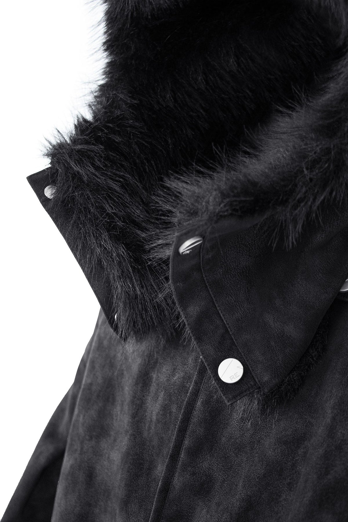 RELABEL Detachable Plush Scarf Hooded Suede Jacket Black