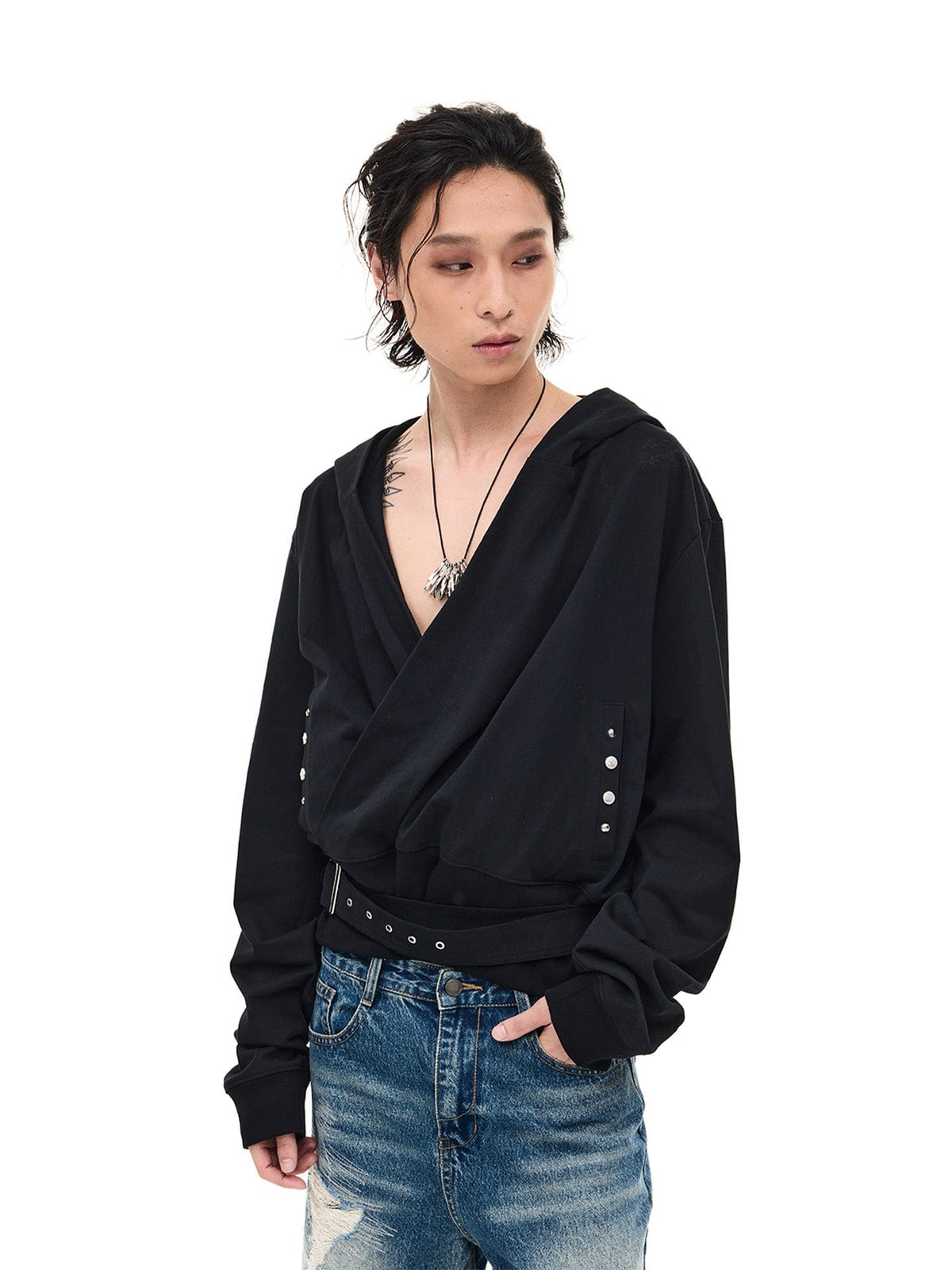 WHISTLEHUNTER Detachable-Belt Deep V-Cut Hardware Hoodie