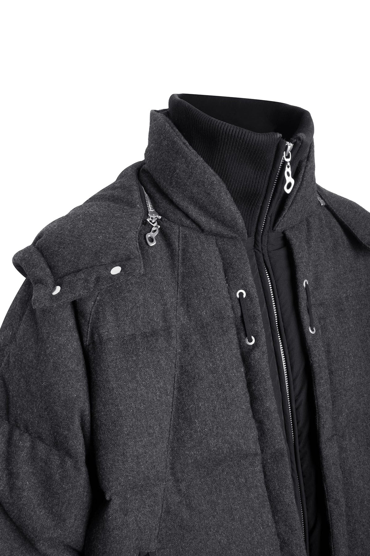 RELABEL Layered Detachable Hood Wool-Blend Puffer Jacket Gray