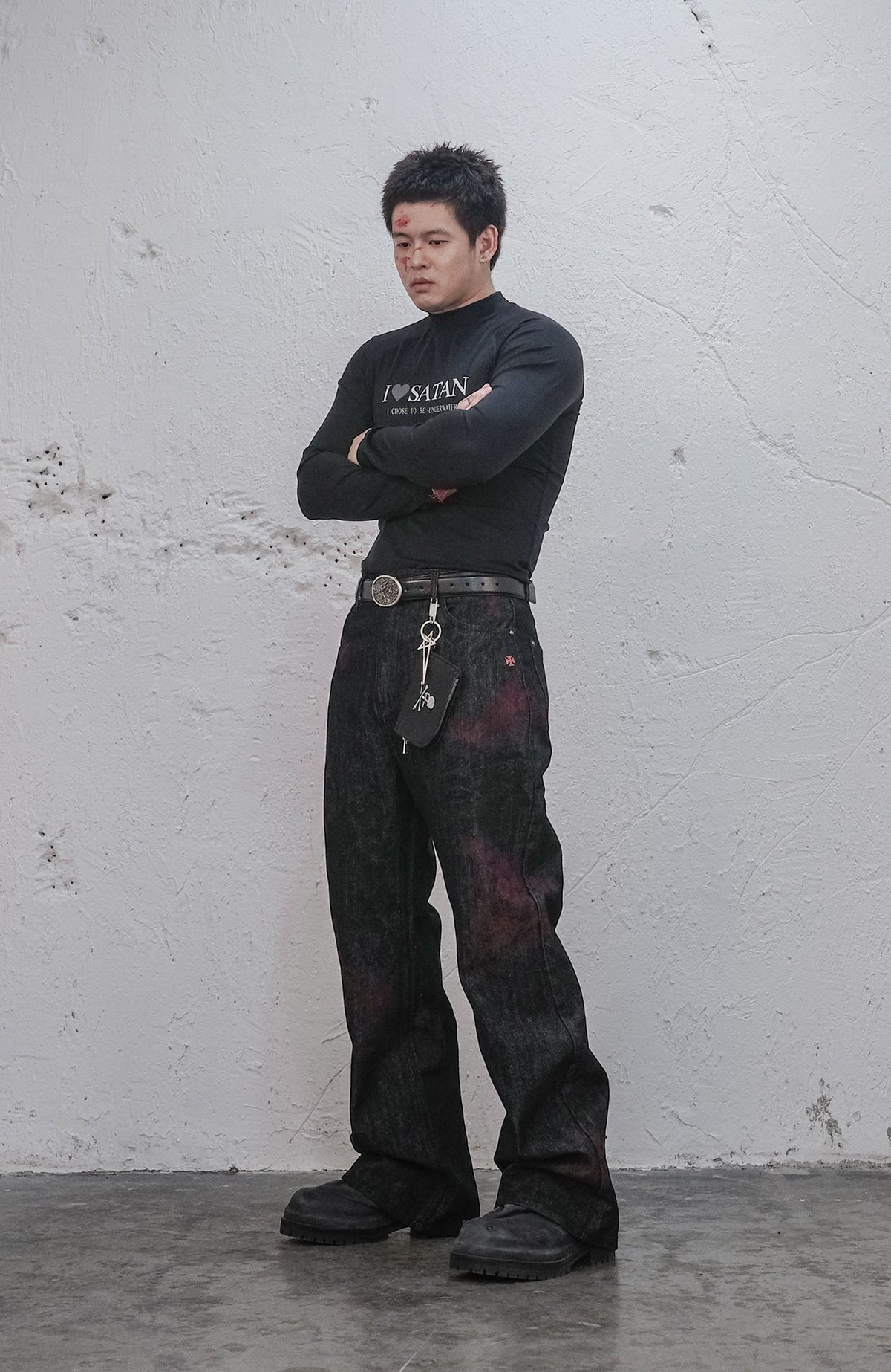 UNDERWATER Bloodstained Raw Flared Denim Pants