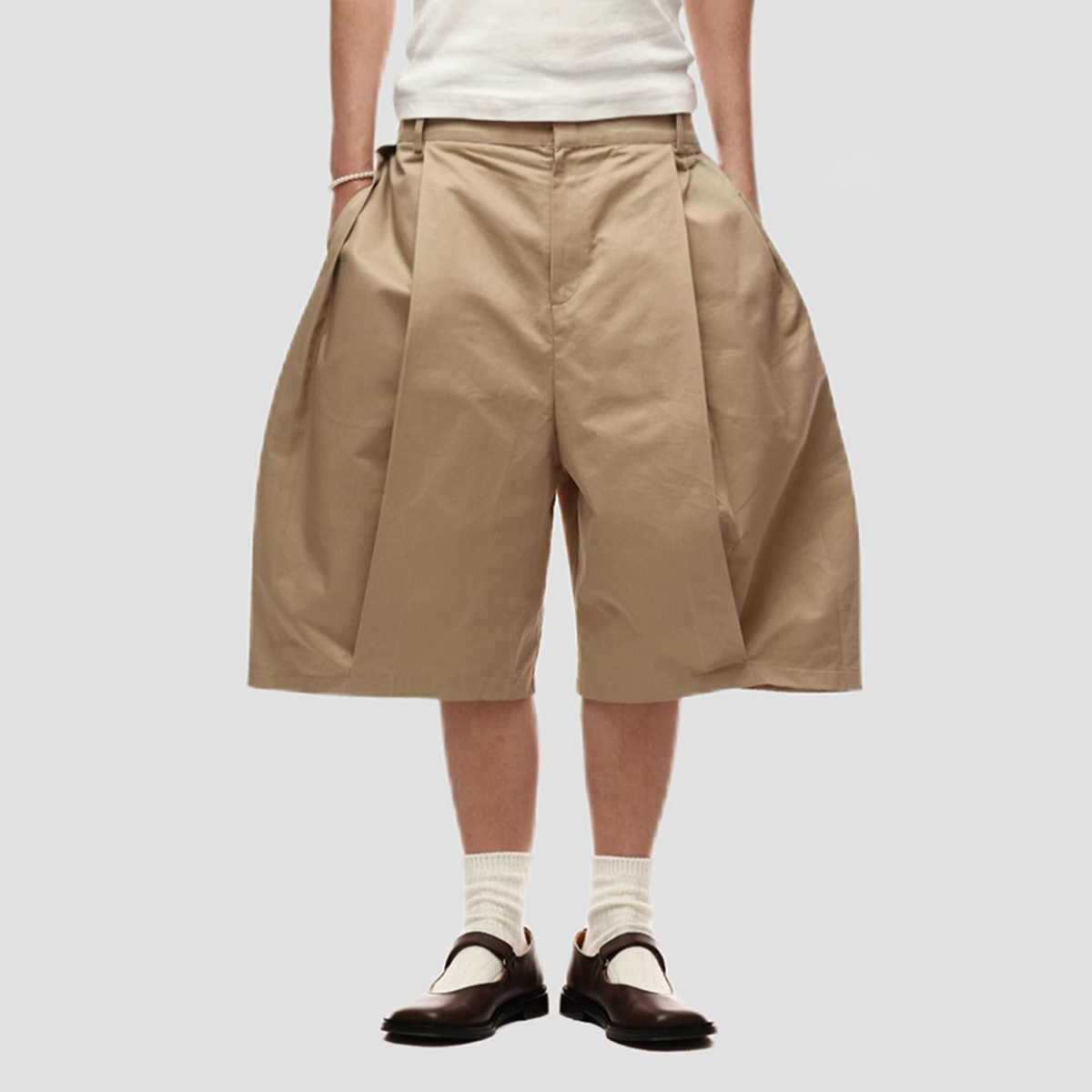 6CRAYON Retro Double-Pleat Wide-Leg Shorts Khaki