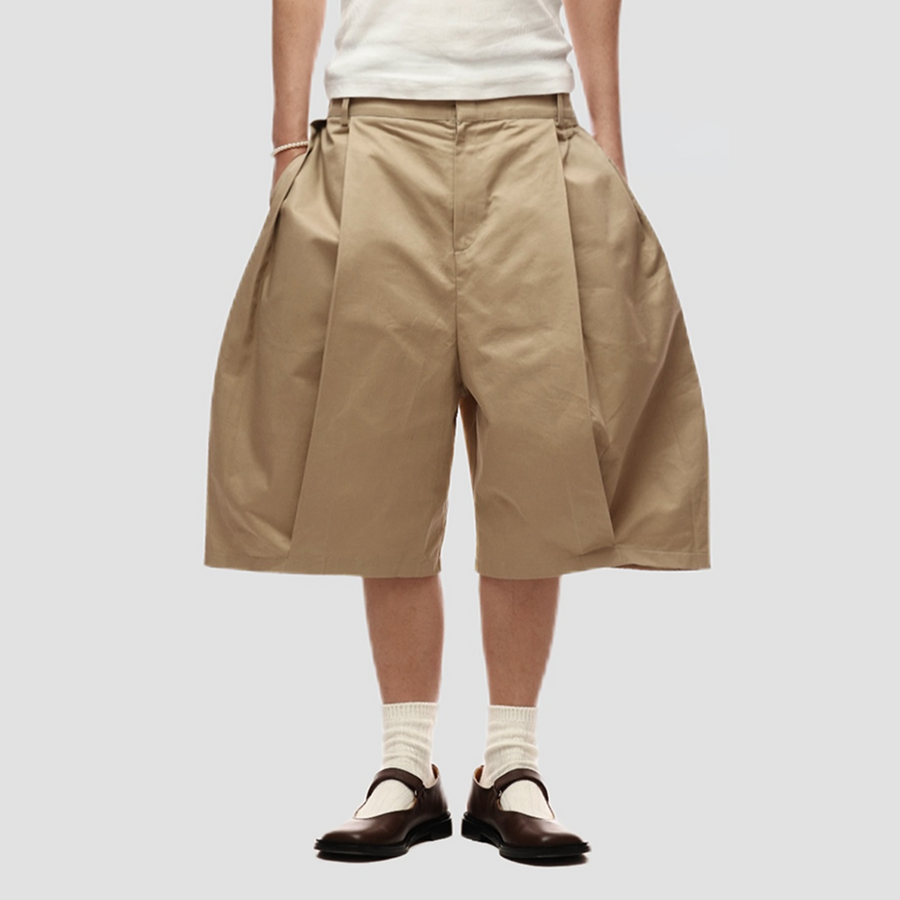 6CRAYON Retro Double-Pleat Wide-Leg Shorts Khaki