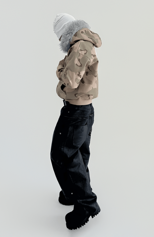 TECNINEGROUP Camo Waxed Faux Fur Hooded Jacket