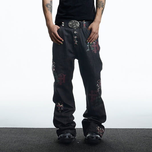 DND4DES Gothic Camo Patchwork Raw Denim Pants