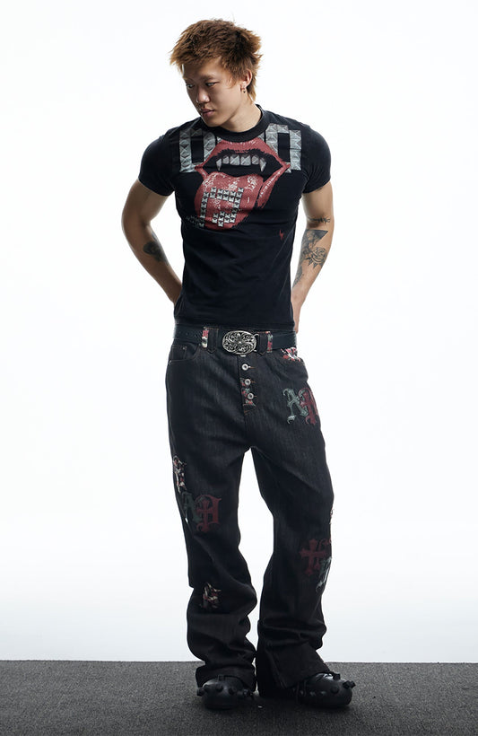 DND4DES Gothic Camo Patchwork Raw Denim Pants