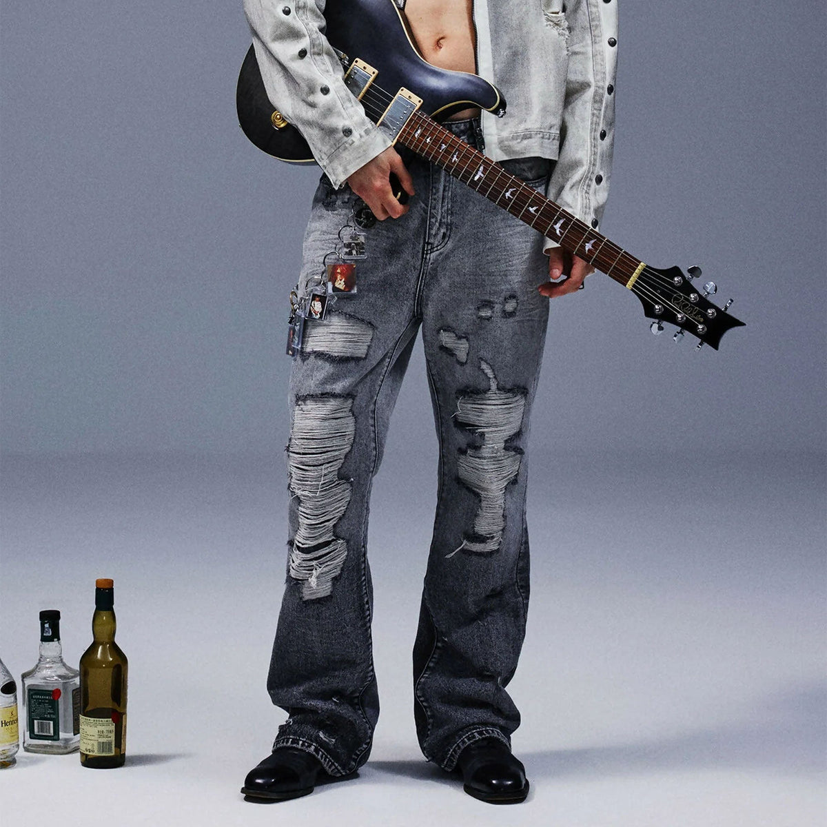 TECNINEGROUP Distressed Ash-Washed Flared Jeans