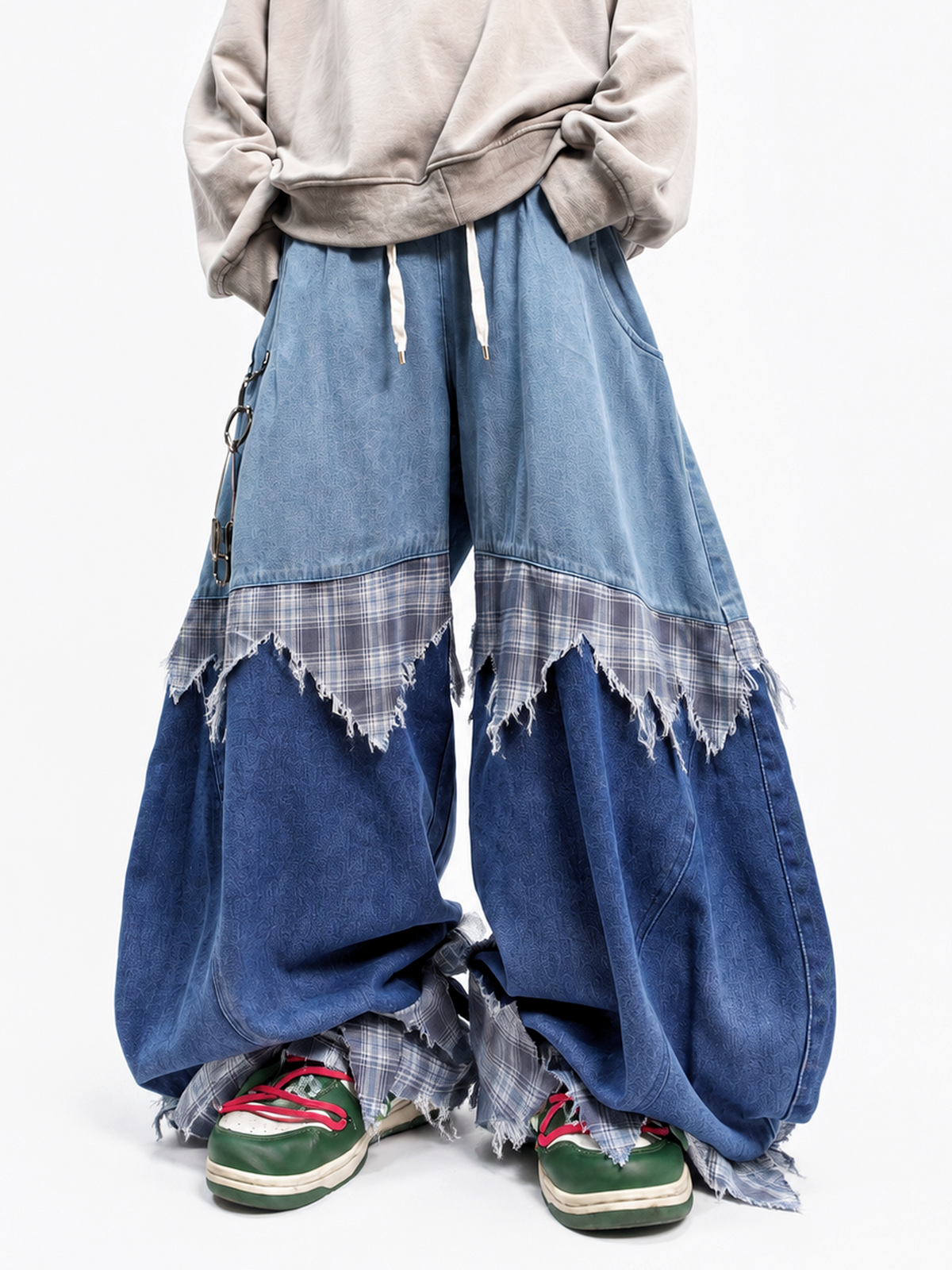 UUCSCC Spliced Distressed Plaid Wide-Leg Jeans