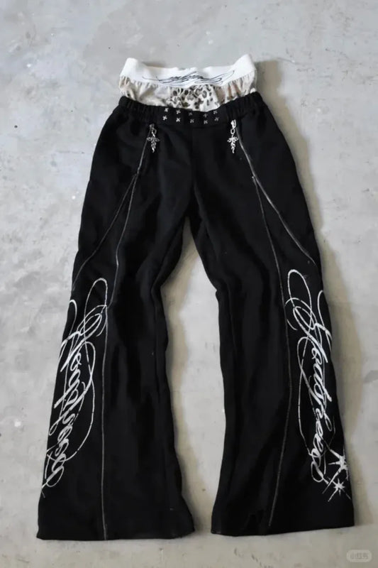 Calligraphy Leopard Double Waistband Side Zip Flared Sweatpants