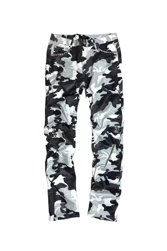 Coated White Camo Studded Straight Jeans