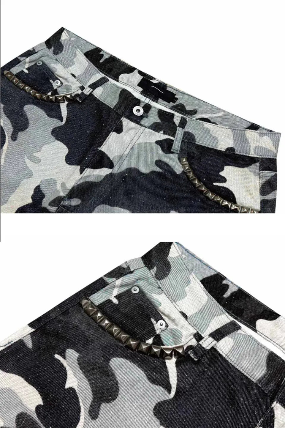 Coated White Camo Studded Straight Jeans