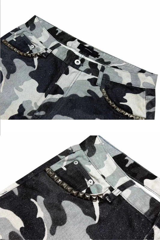Coated White Camo Studded Straight Jeans