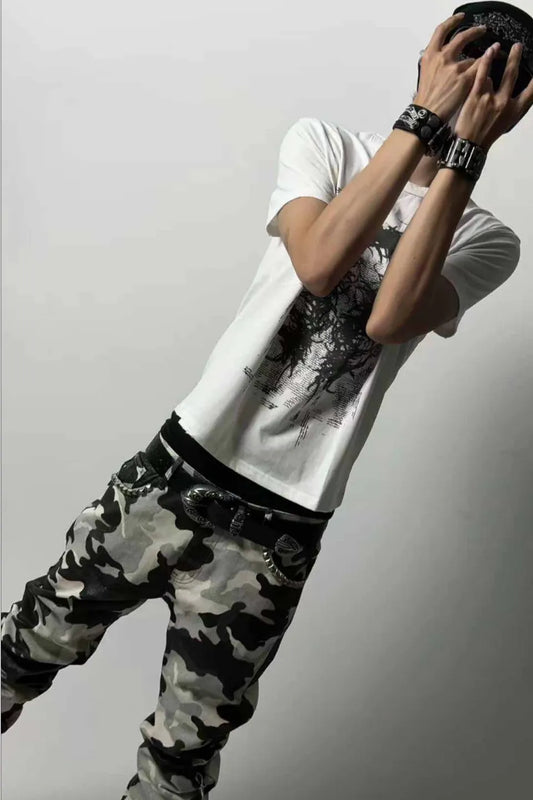 Coated White Camo Studded Straight Jeans