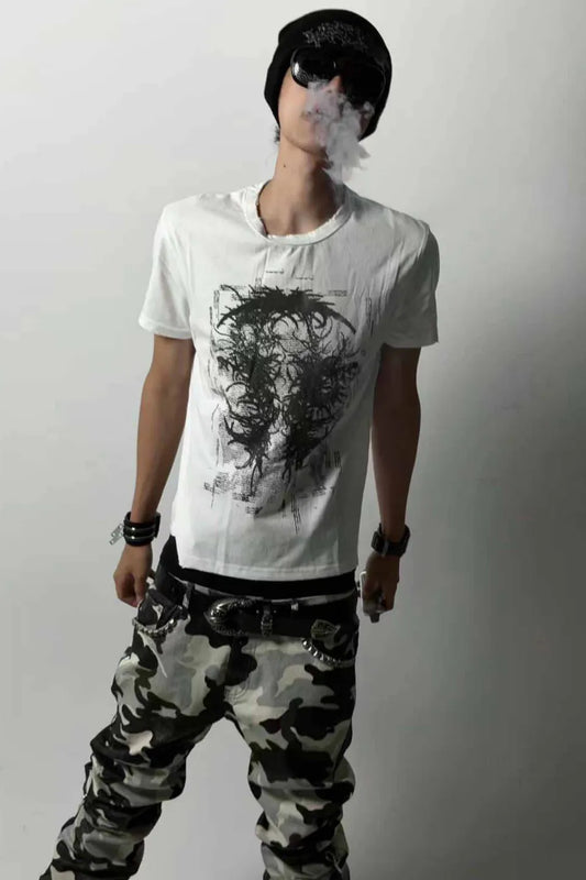 Coated White Camo Studded Straight Jeans