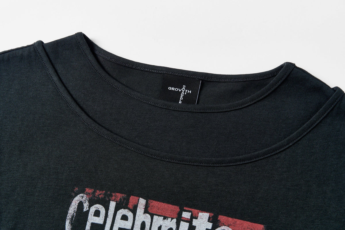 SAVAGEGROWTHWORLD Graphic Double-Layer Neckline Long-Sleeve Tee