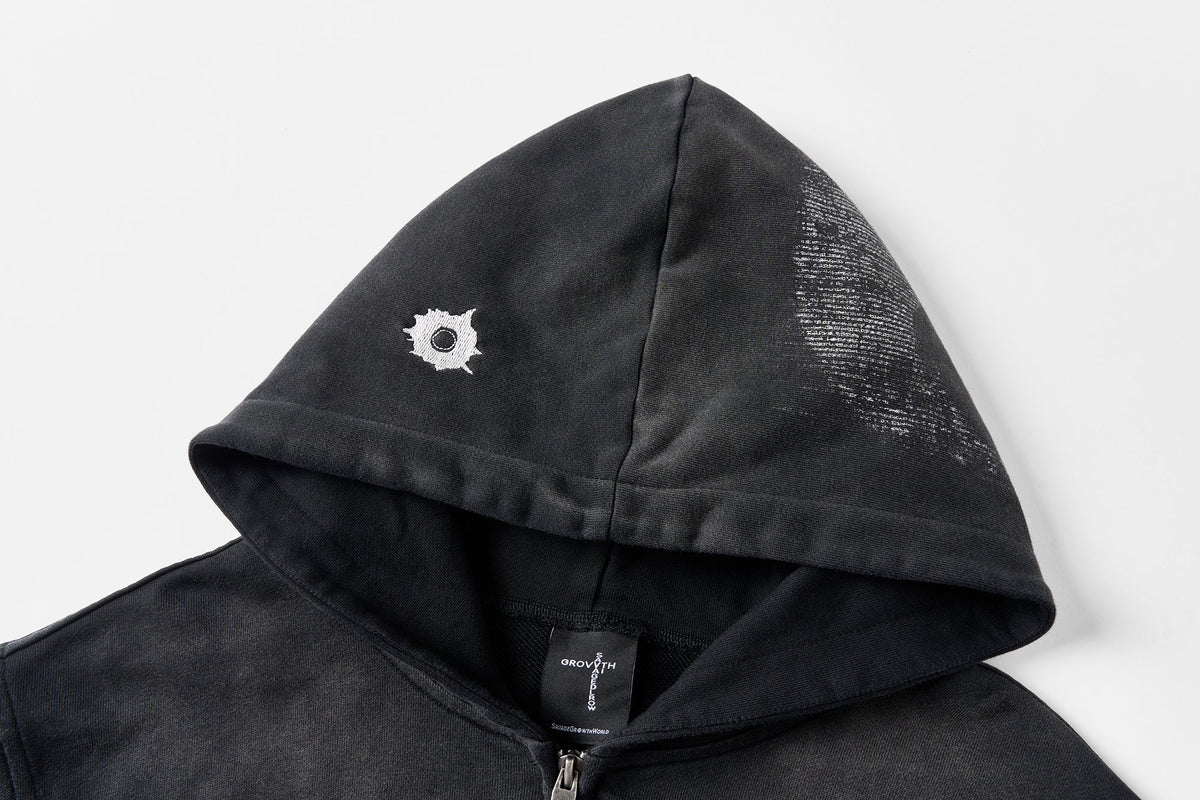 SAVAGEGROWTHWORLD Bullet Hole Graphic Washed Zip-Up Hoodie