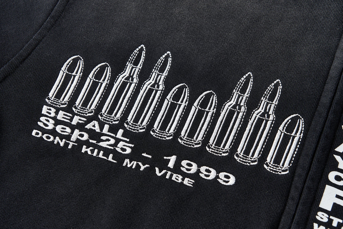 SAVAGEGROWTHWORLD Bullet Hole Graphic Washed Zip-Up Hoodie