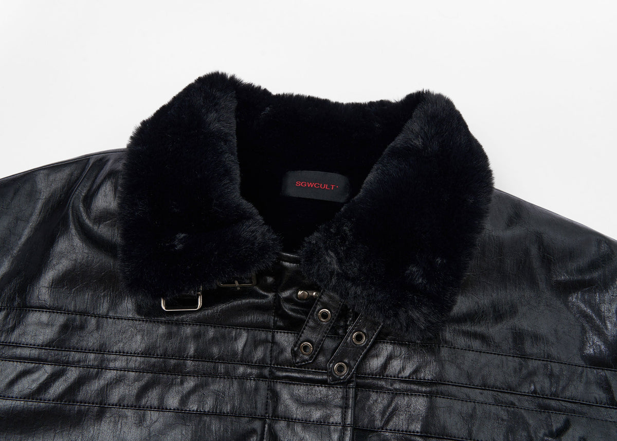 SAVAGEGROWTHWORLD Hook Buckle Faux Leather Puffer Jacket