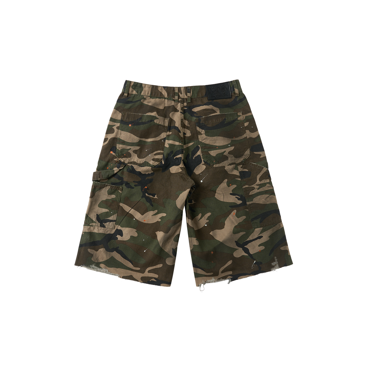 SAVAGEGROWTHWORLD Distressed Paint-Splatter Camo Shorts